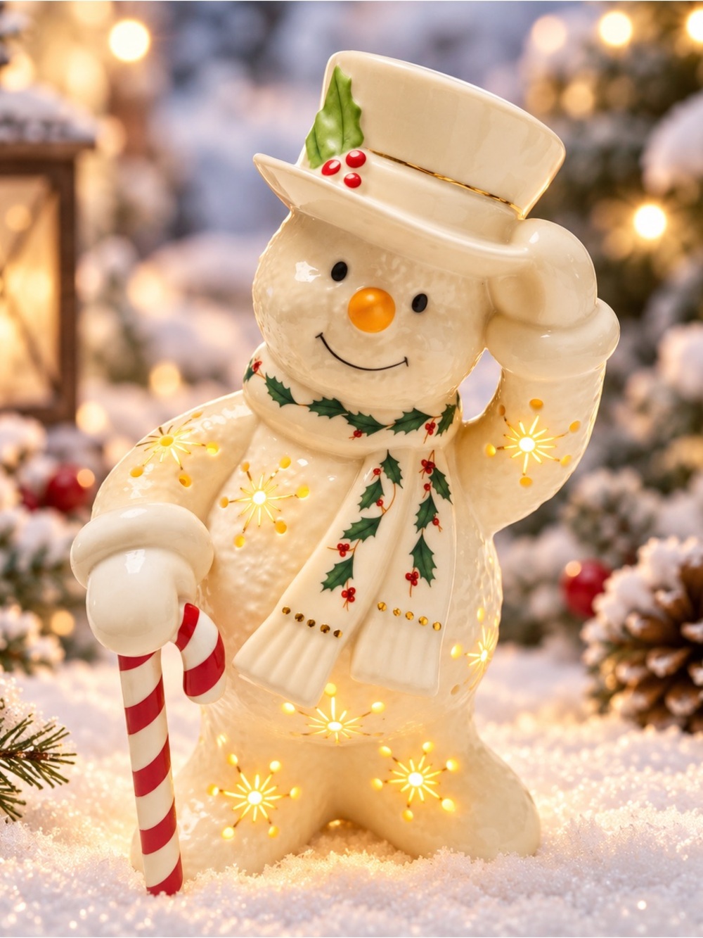 Lenox Happy Holly Days Snowman Candy Cane Lighted Porcelain Figurine 8”
